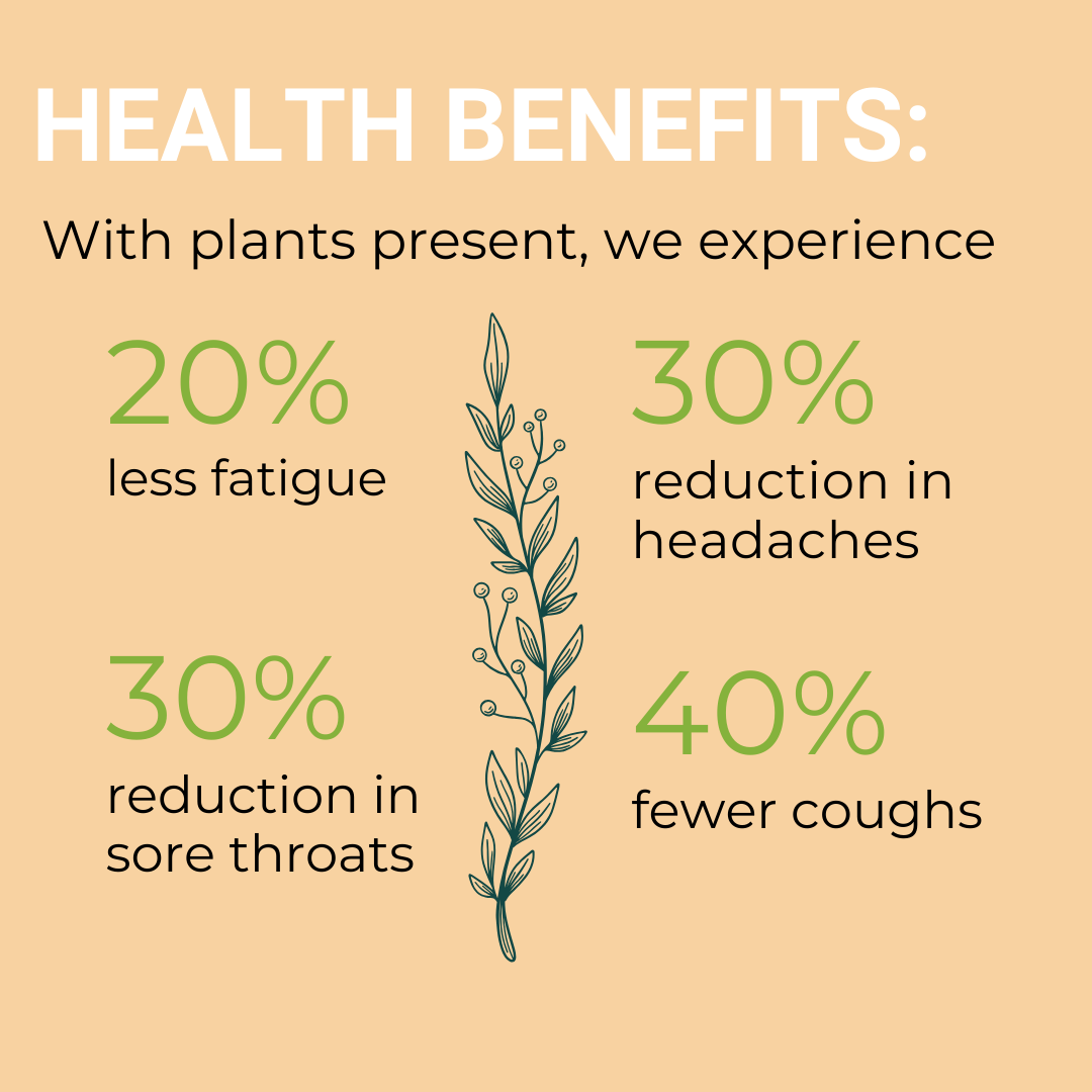 With plants present, we experience 20% less fatigue 30% reduction in sore throats. 30% reduction in headaches 40% fewer coughs.